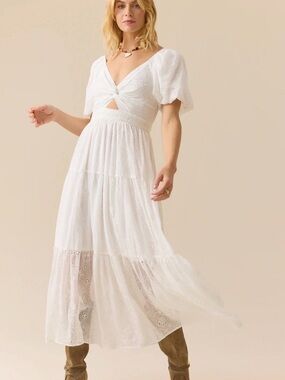 Altar'd State White Eyelet Maxi Dress with Puff Sleeves